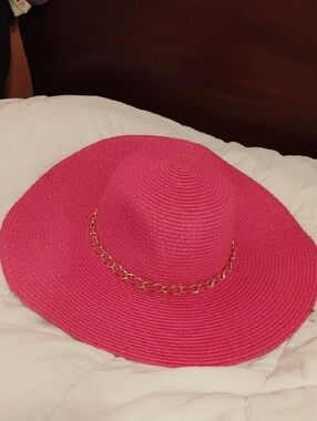 Wide Brim Straw Sun Hat in Hot Pink with Gold Chain